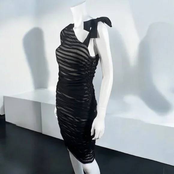 BCBGMaxAzria One Shoulder Striped Mesh Overlay Pencil Dress Black, size Medium - Picture 14 of 16